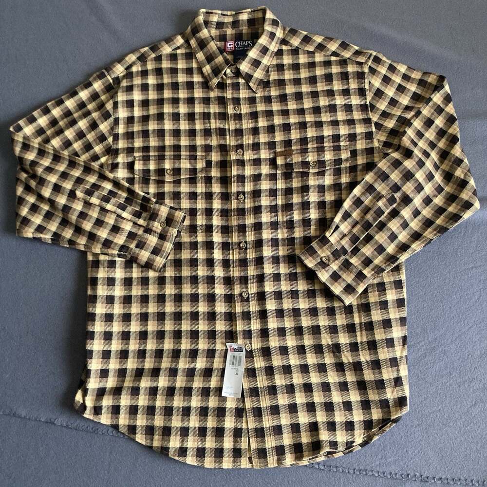 Vintage Chaps Ralph Lauren Flannel Shirt Mens XL Brown Tan Plaid Long Sleeve NWT